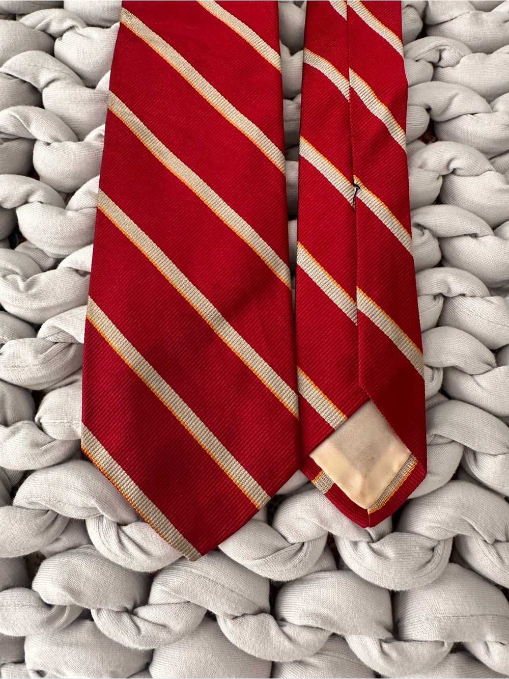 Men's Red Tie with Gold and Cream Diagonal Stripes silk